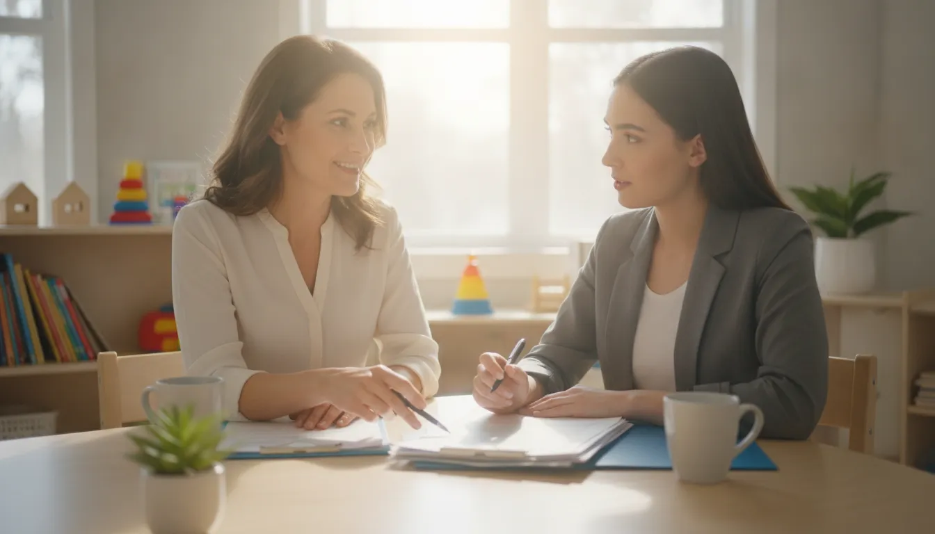 Childcare director and teacher discussing employer reimbursement for online CDA training