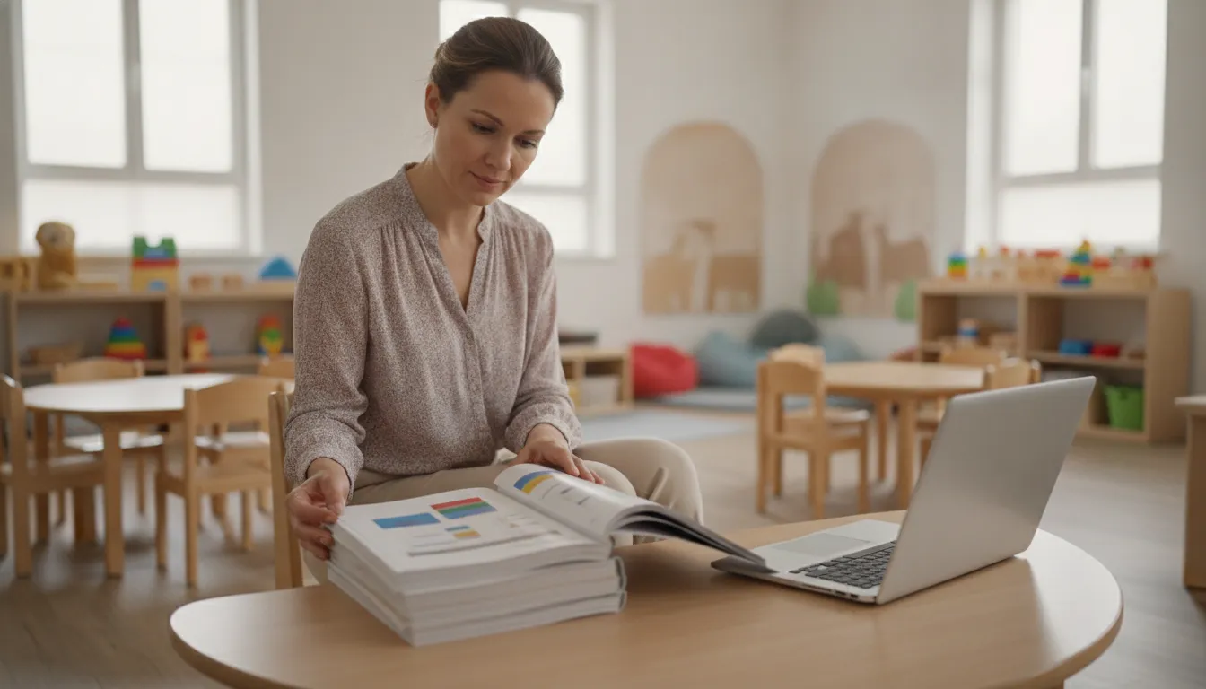 Early childhood educator reviewing self-paced CDA training notes during a classroom planning break
