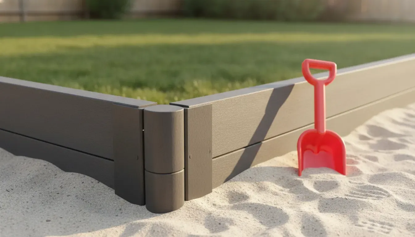 Smooth composite sandbox frame corner with a rounded finished edge beside clean play sand