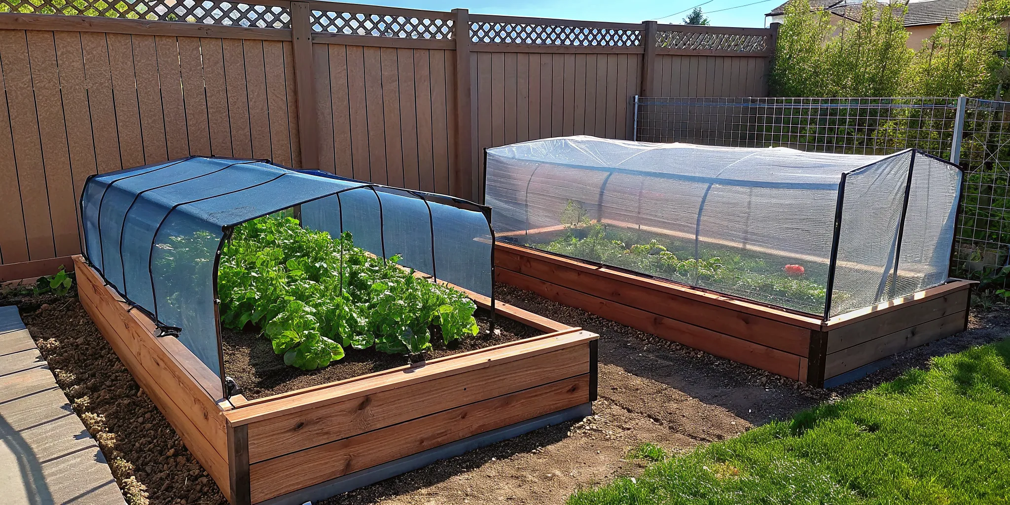 Cold frame and tall animal barrier protecting raised garden beds