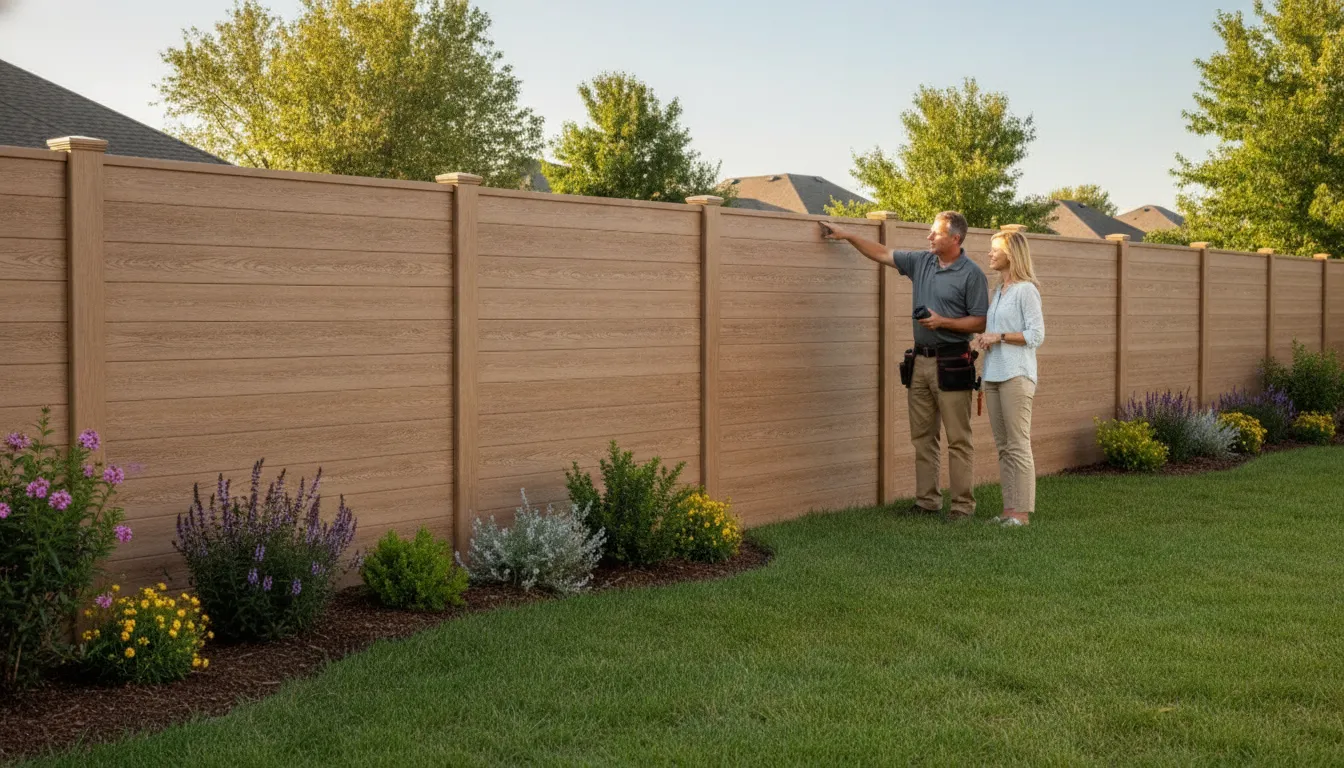 Contractor and homeowner inspecting fencing that won't warp