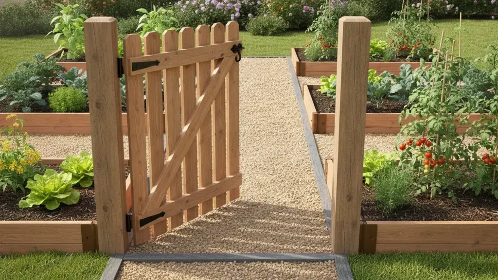 Garden gate planning example with a clear path and raised beds