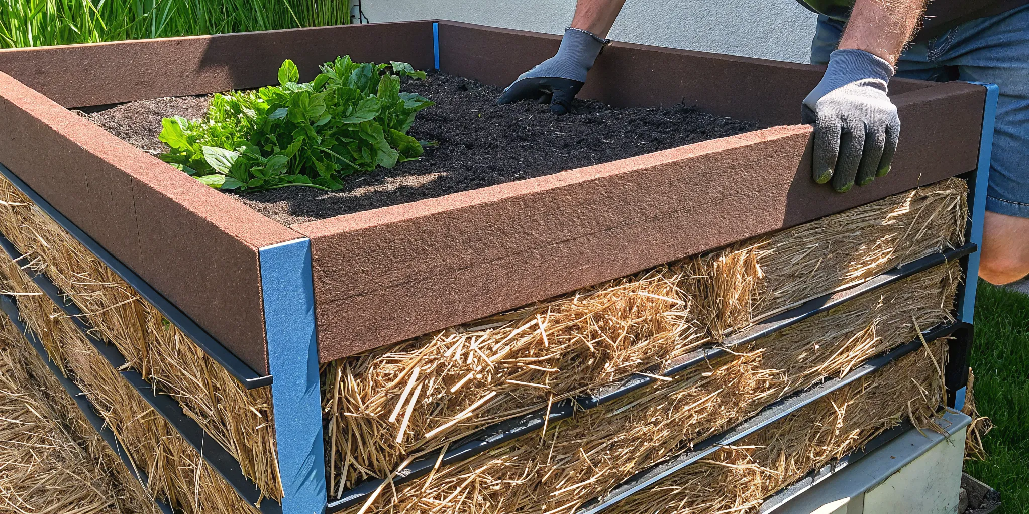 No-dig raised garden bed being filled with alternating layers of leaves, straw, and greens