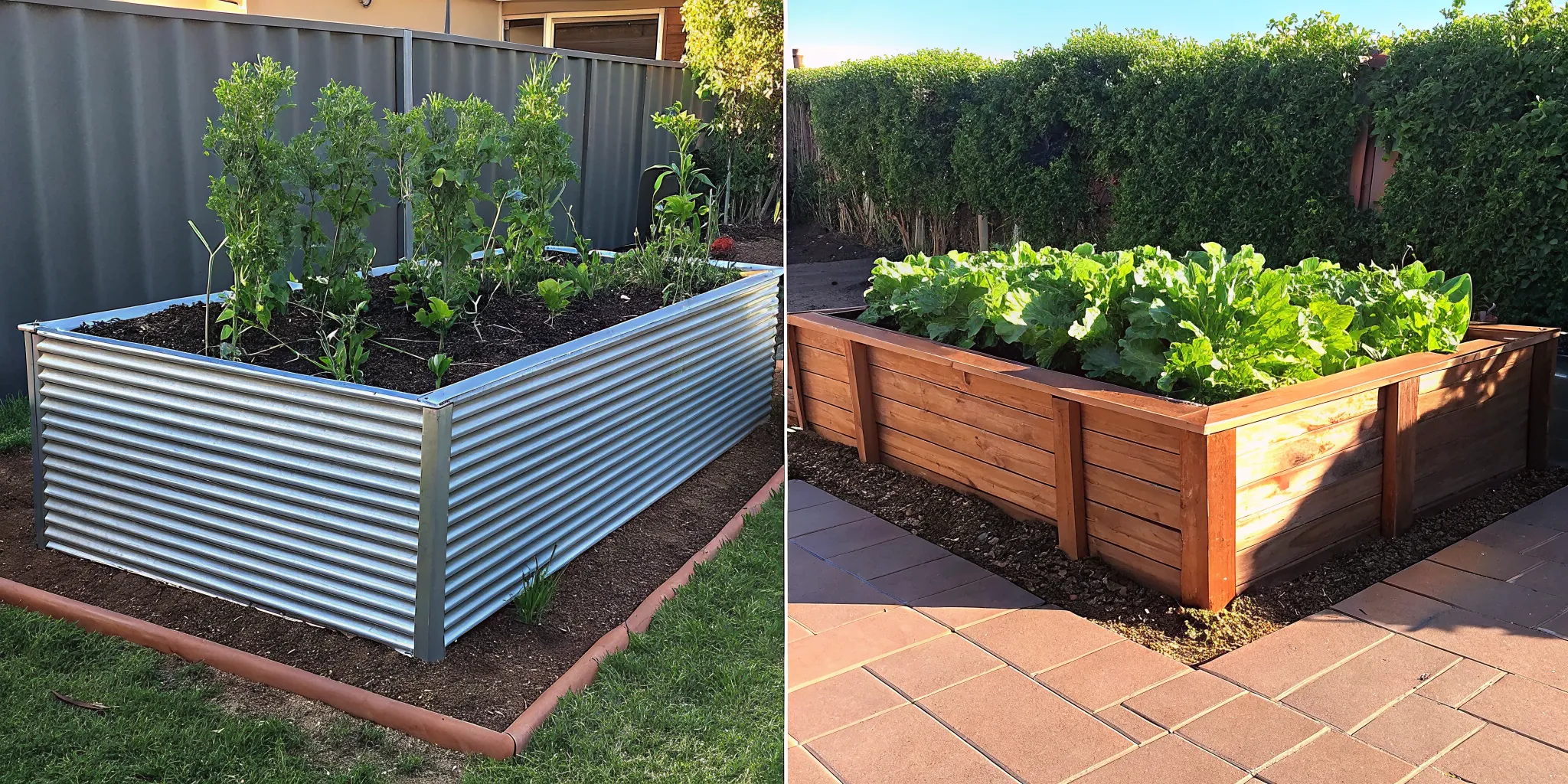Metal raised garden bed beside a natural wood-look composite raised bed