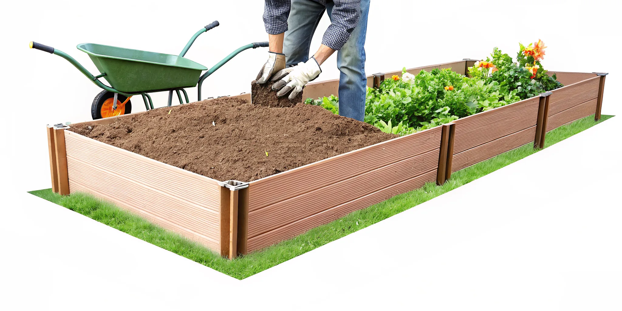 Gardener mixing dark compost into loose rich soil inside a tall composite raised garden bed