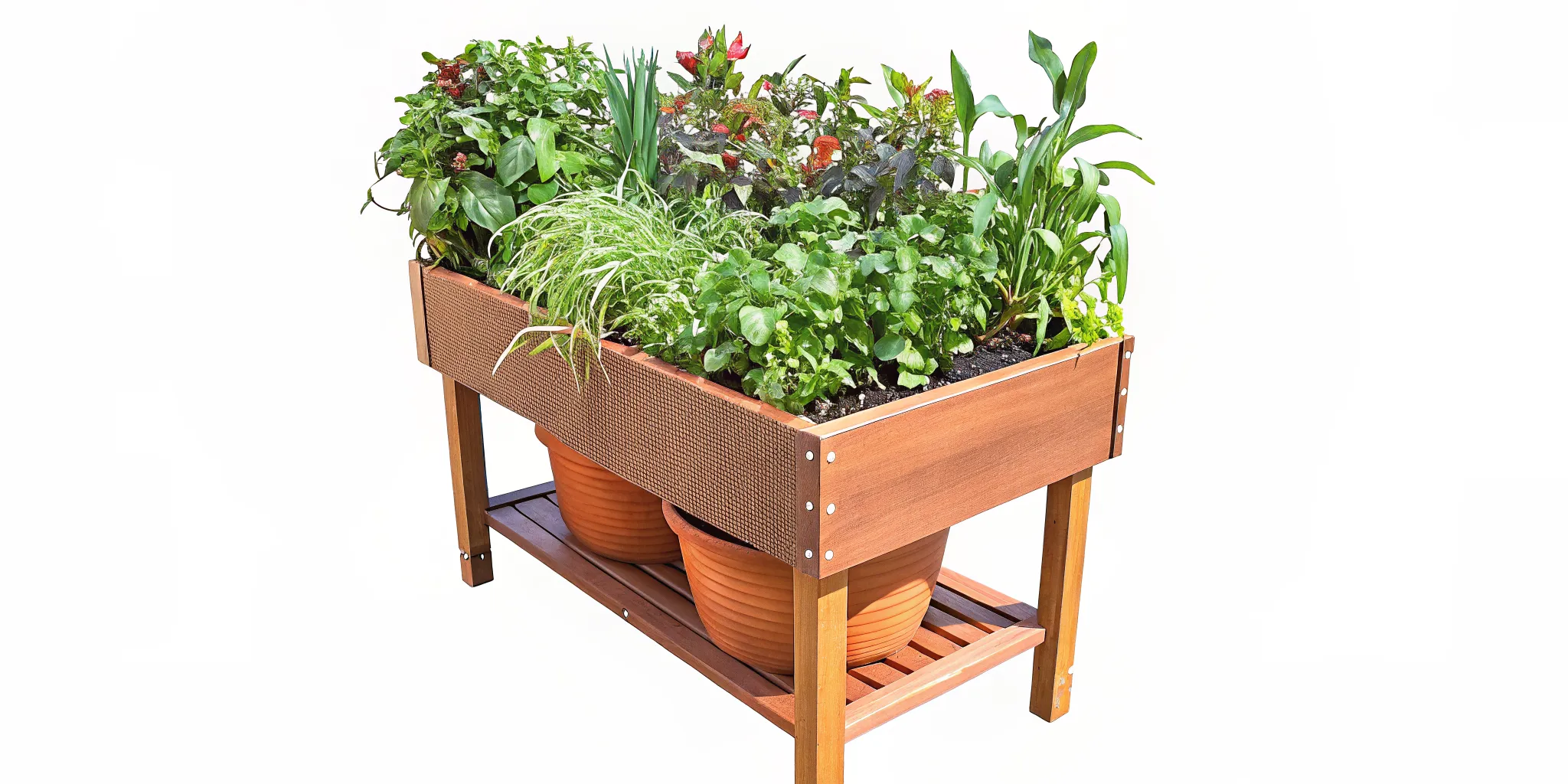 Self watering planter with herbs on a sunny patio