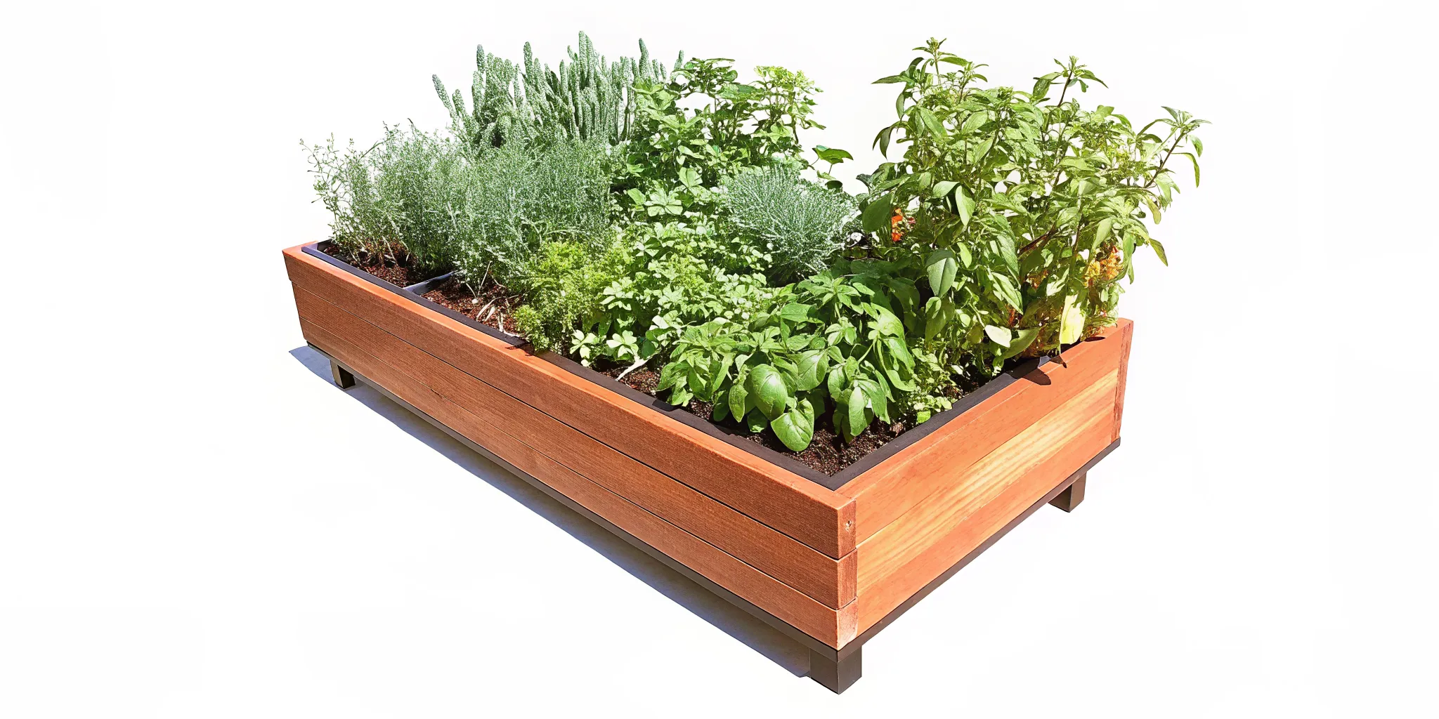 An elevated composite planter filled with fresh garden herbs on a sunny deck