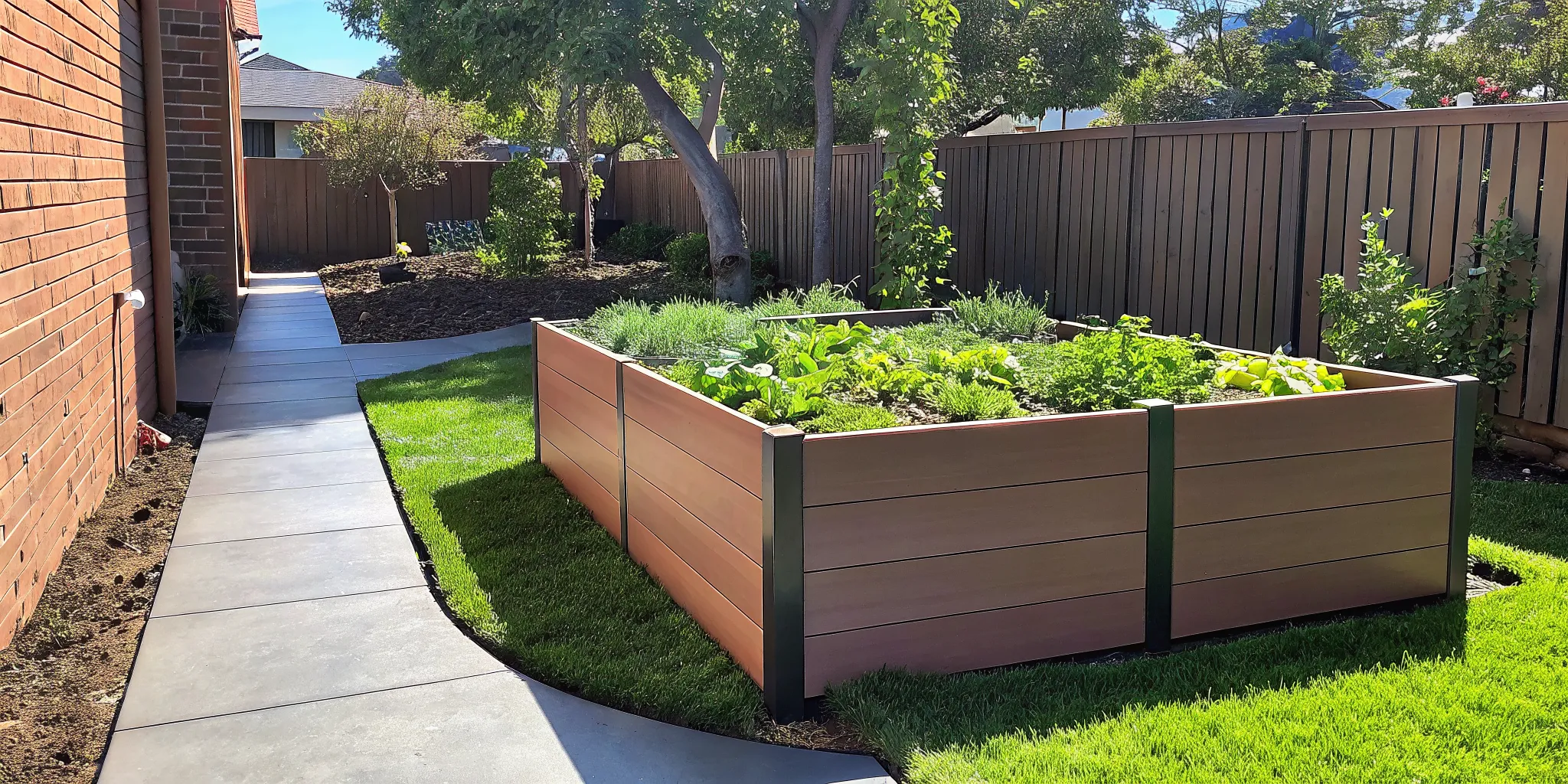 Modular composite raised garden bed in a small backyard