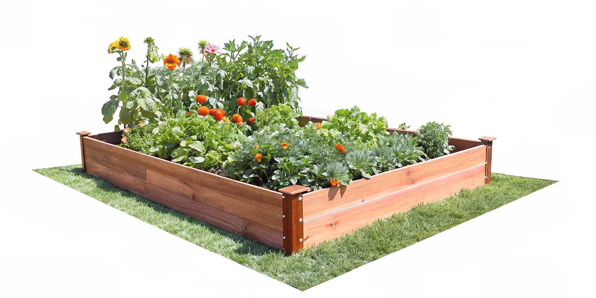 Composite raised garden bed in a backyard filled with vegetables