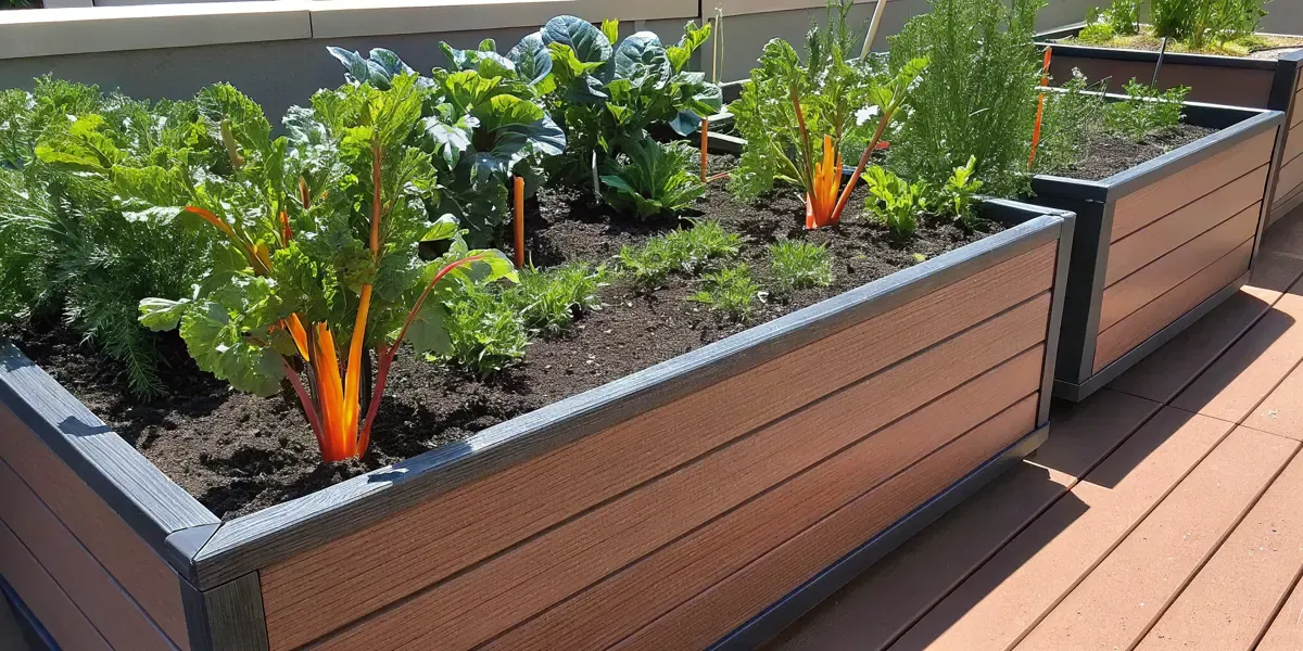 Fresh root vegetables growing in a self-watering raised garden planter