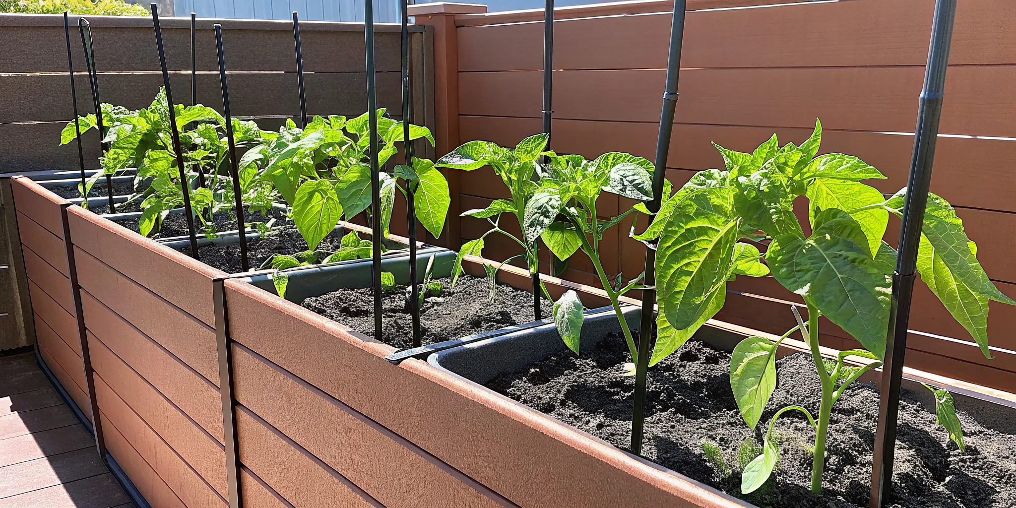 Vegetables growing in a raised garden bed with trellis and irrigation
