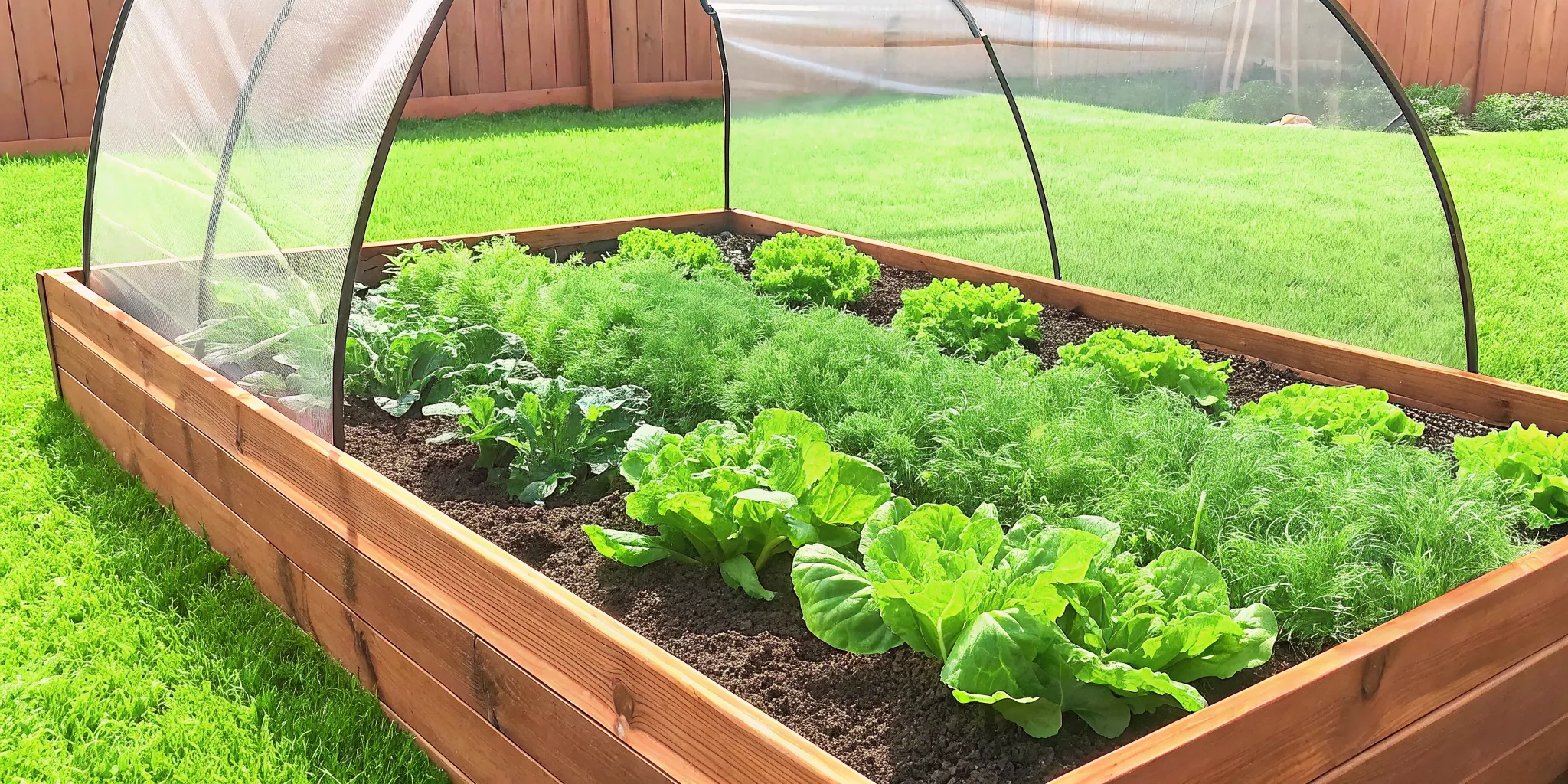 Fine mesh cover protecting leafy vegetables in a raised garden bed