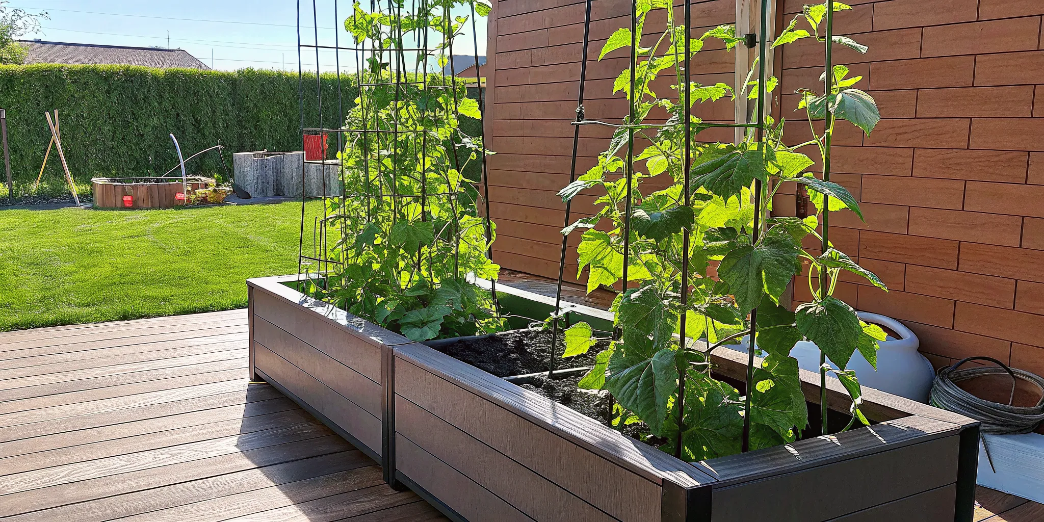 Cucumber and pole bean vines trained on a raised garden bed trellis