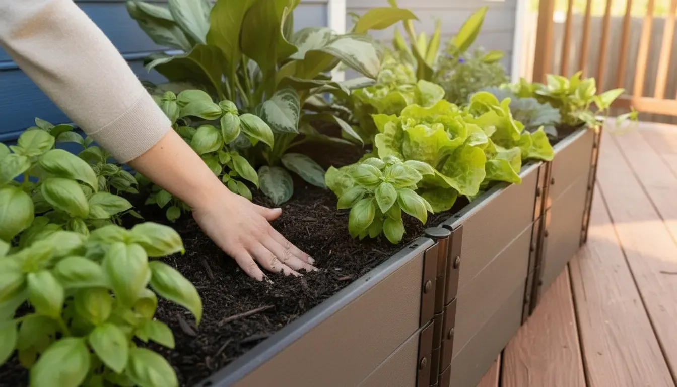 Gardener checking soil moisture beside basil and lettuce in a container garden