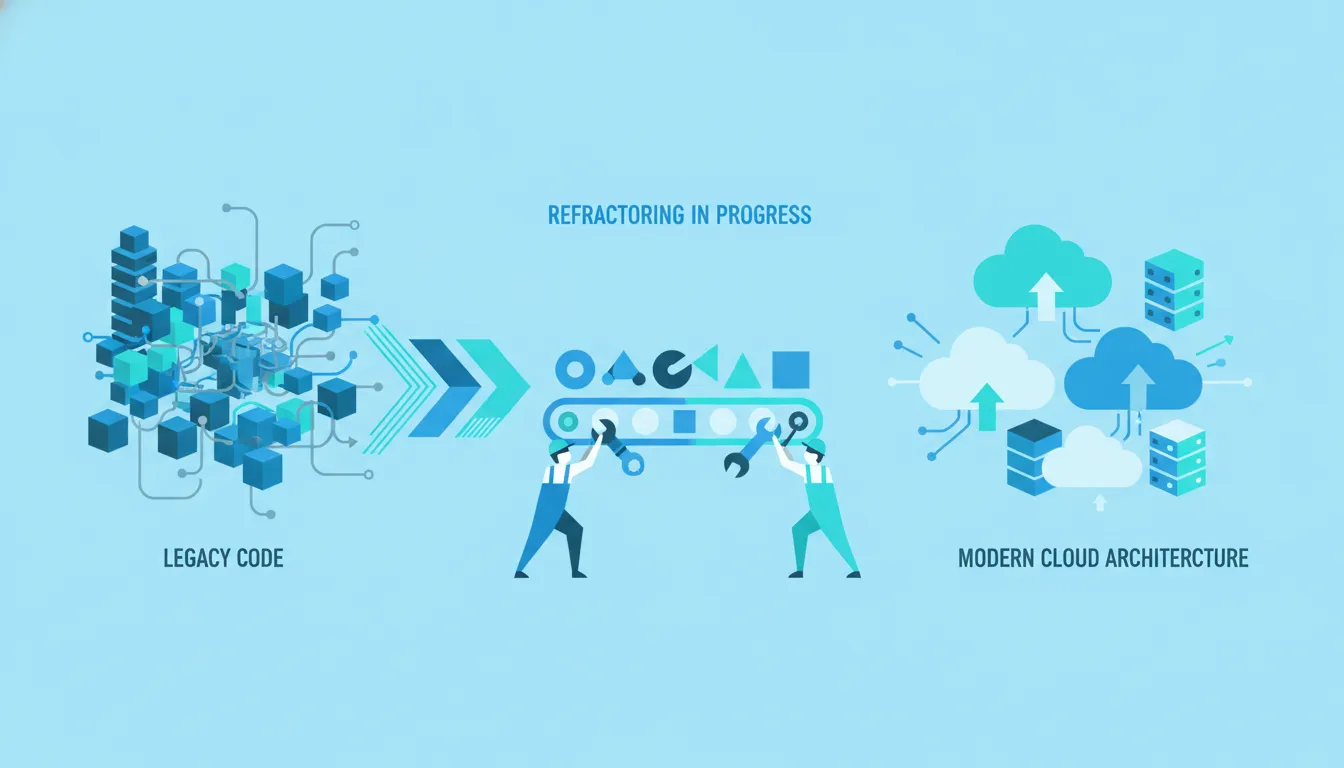 Flat design illustration of engineers refactoring legacy code into modern cloud architecture in blue and teal