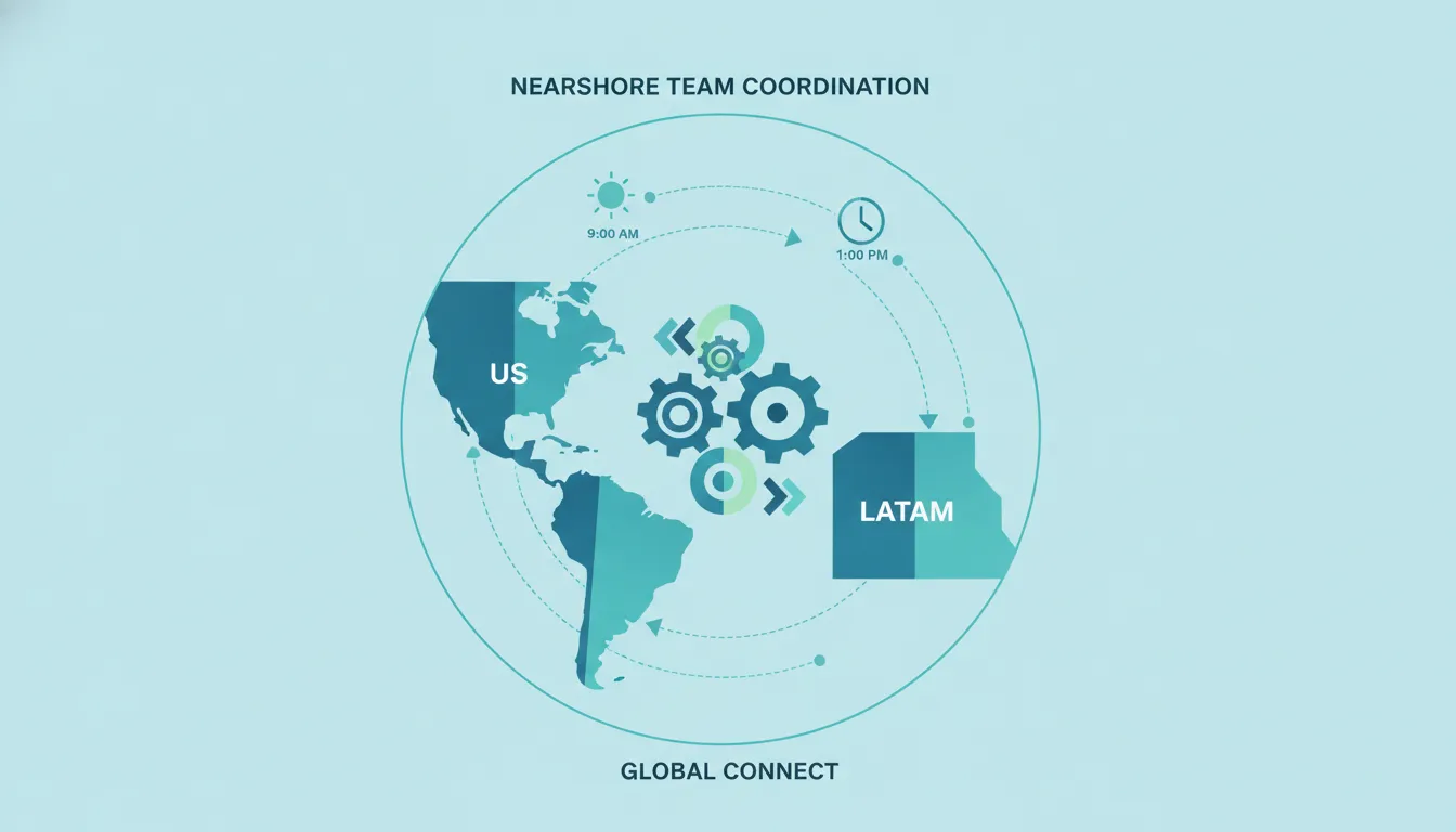 Flat design illustration of nearshore team coordinating across time zones in blue and teal