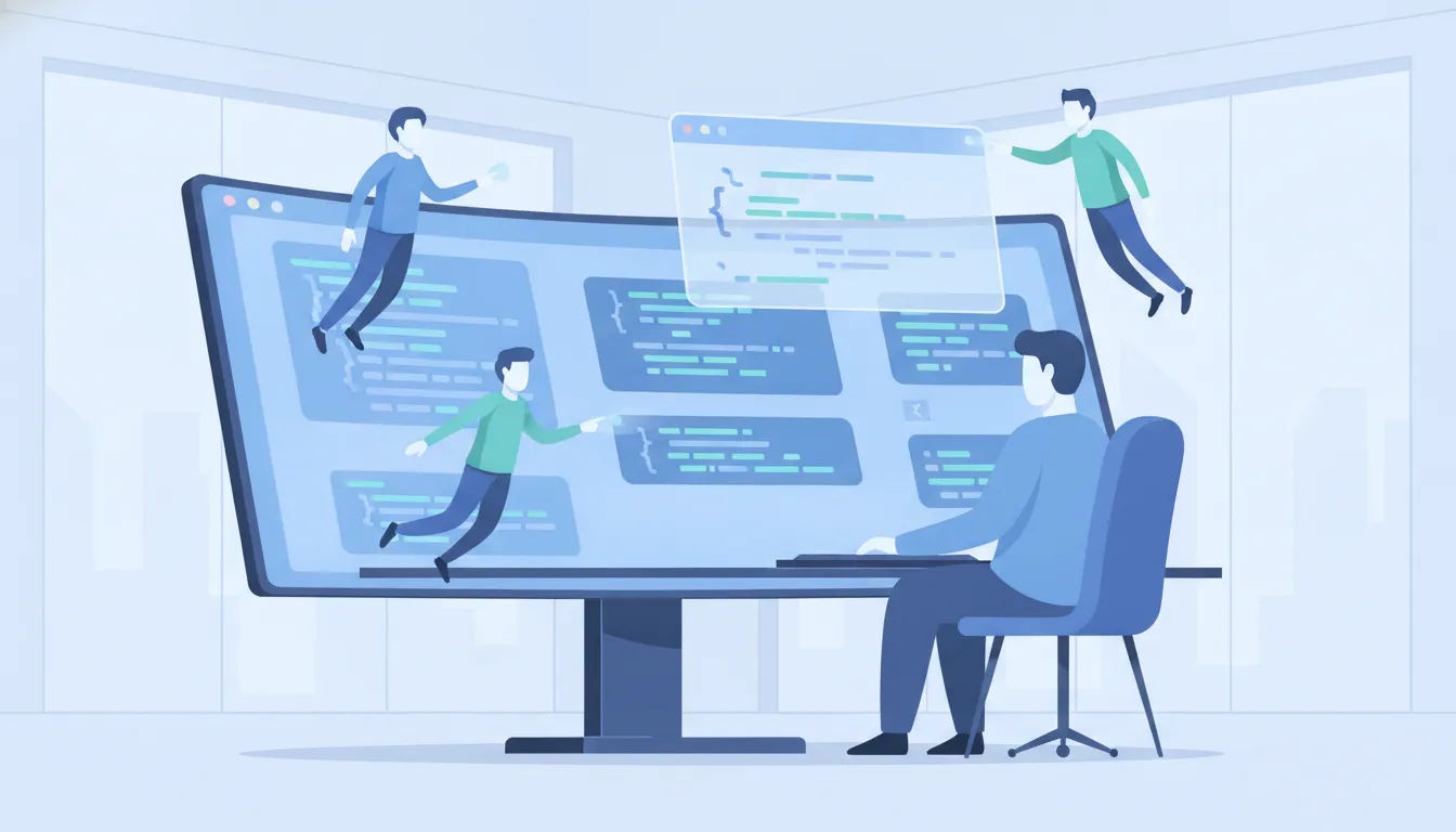 Software developer working alongside glowing AI agents and code review interfaces in a modern professional setting.