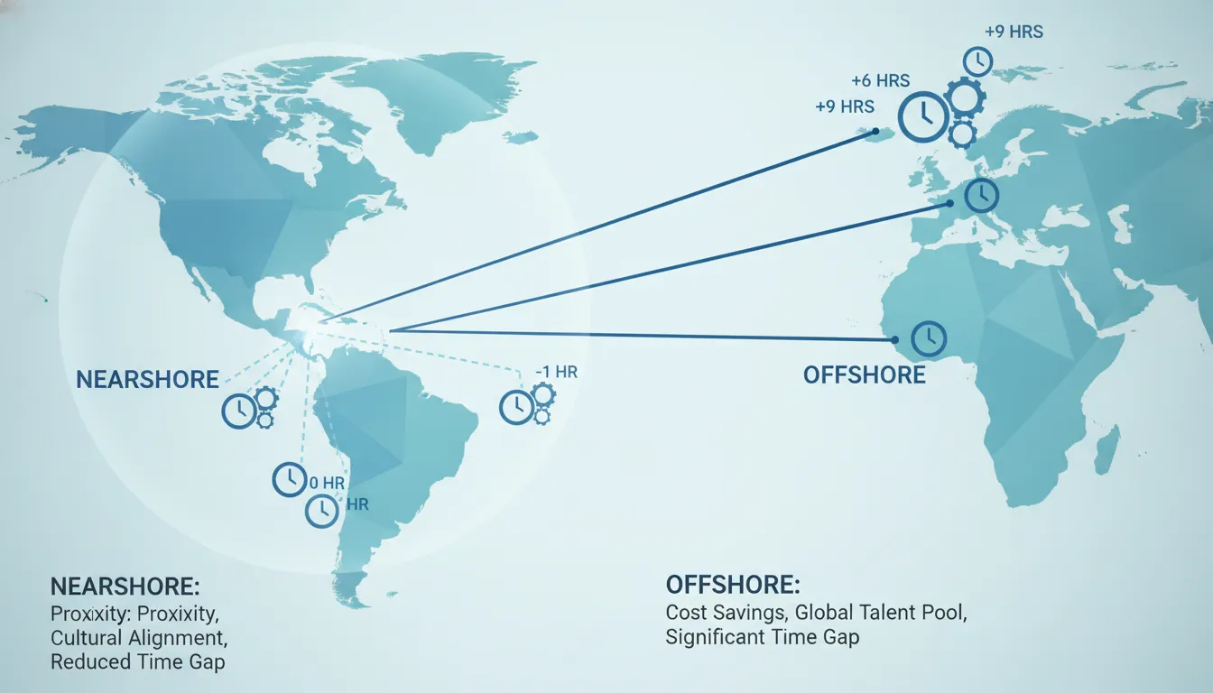 Flat design illustration comparing nearshore vs offshore team collaboration with time zone overlap visualization
