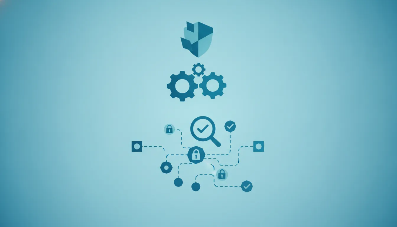 Abstract illustration of a secure control framework for nearshore fintech development, with a shield over connected delivery nodes