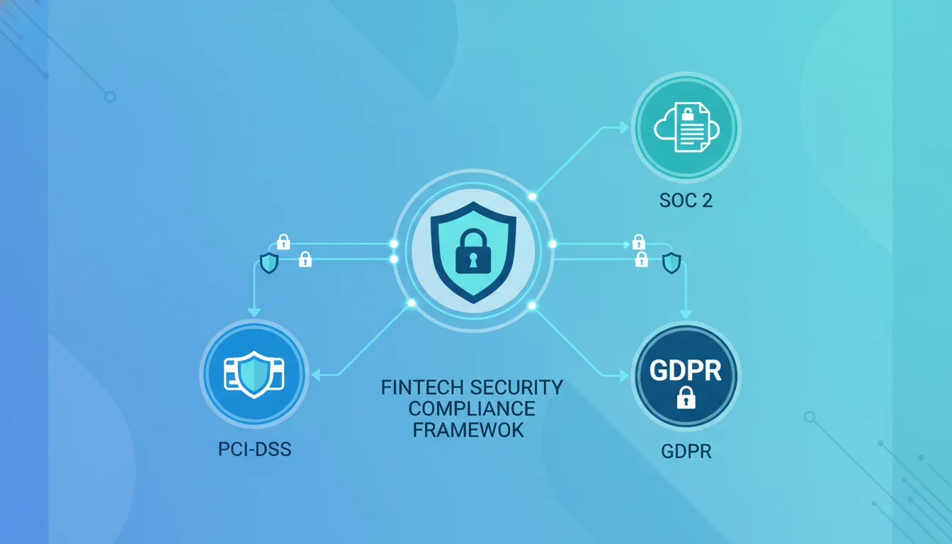 Flat design illustration of fintech security compliance framework showing PCI-DSS, SOC 2, and GDPR badges connected by secure data flow arrows