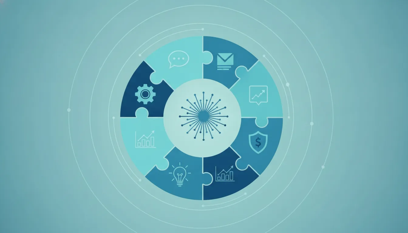 Flat design illustration of a cross-functional dedicated team as interconnected puzzle pieces forming a complete product