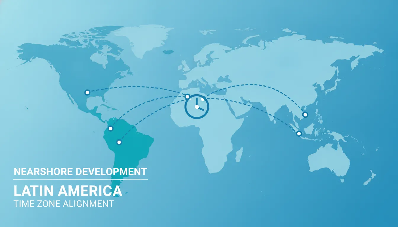 Flat design illustration of Latin America connected to the United States with data flow lines representing time zone alignment