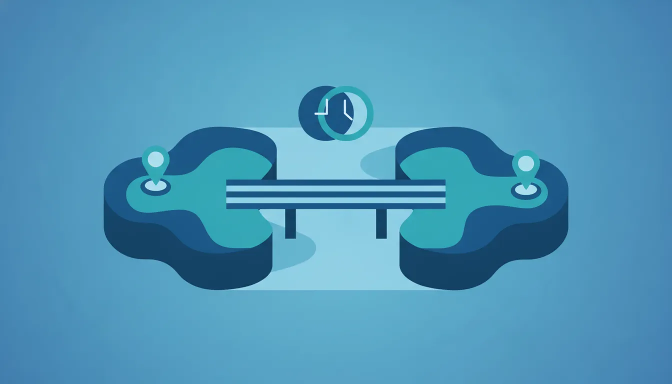 Flat illustration of two regions linked by a bridge, representing nearshore teams in overlapping time zones for regulated software delivery