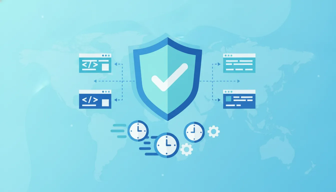 Flat design illustration of FinTech quality assurance with shield icons and compliance checkmarks in blue-teal palette