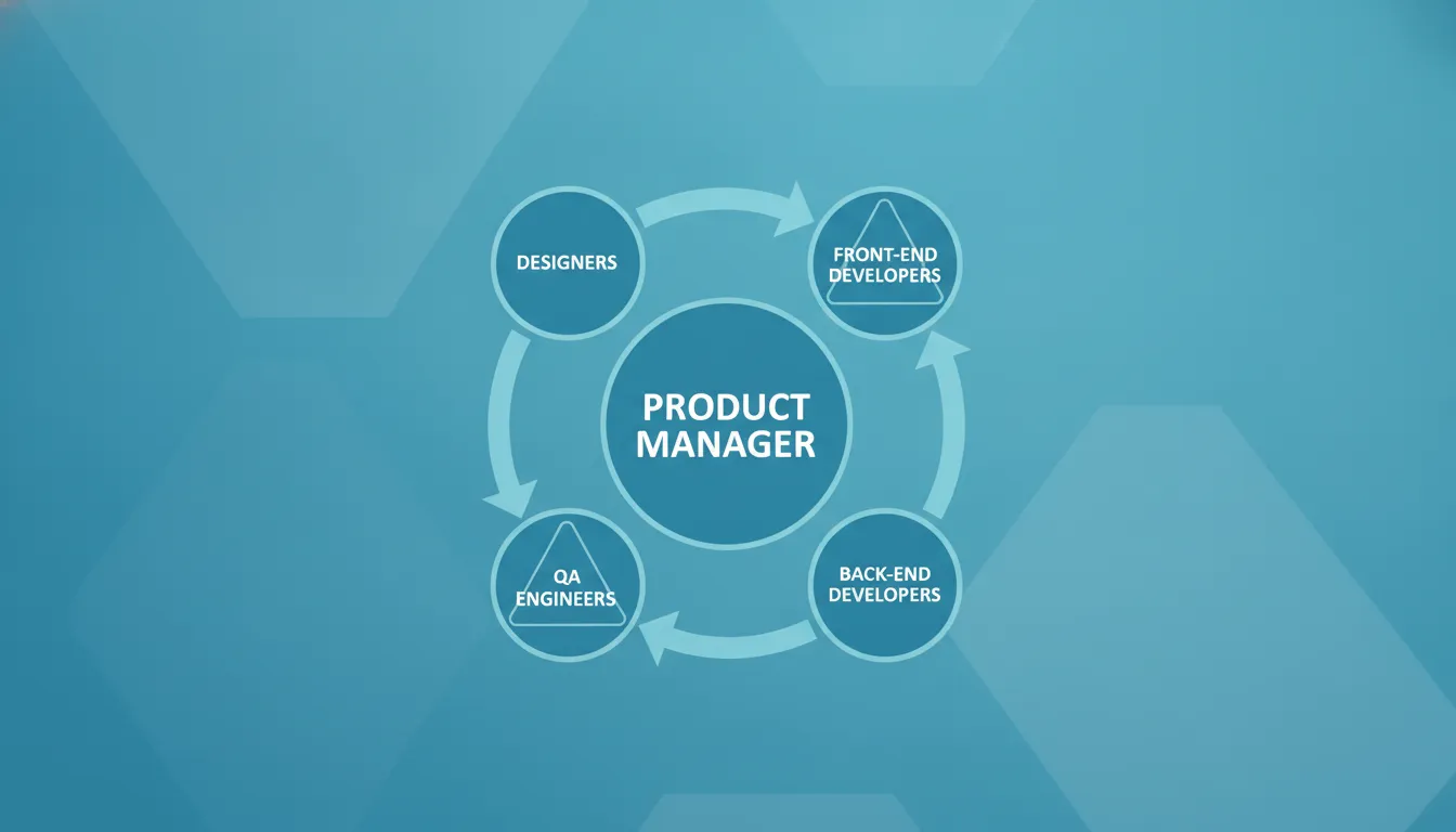 Flat design illustration of interconnected team roles in a cross-functional product development squad, showing developers, designers, QA, and product managers in a circular workflow