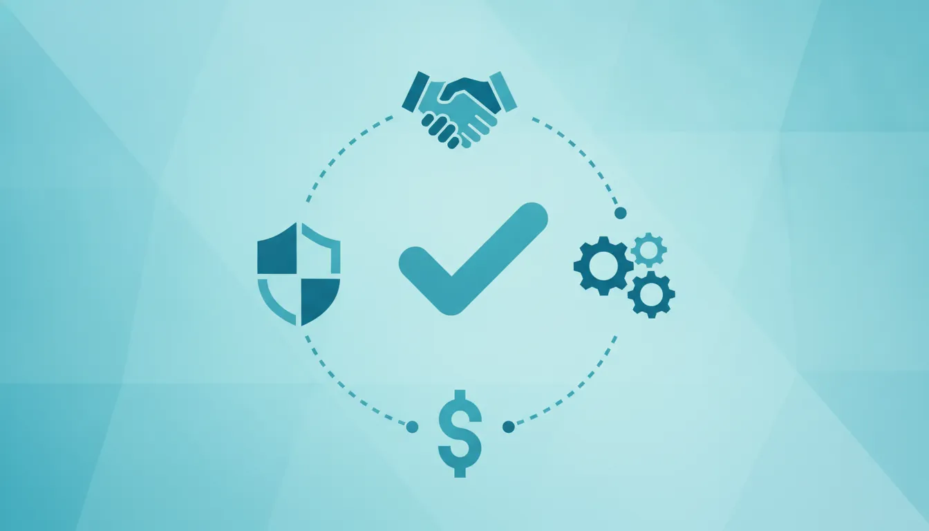 Abstract decision framework illustration showing evaluation criteria like security, collaboration, and technical excellence in flat blue-teal geometric style