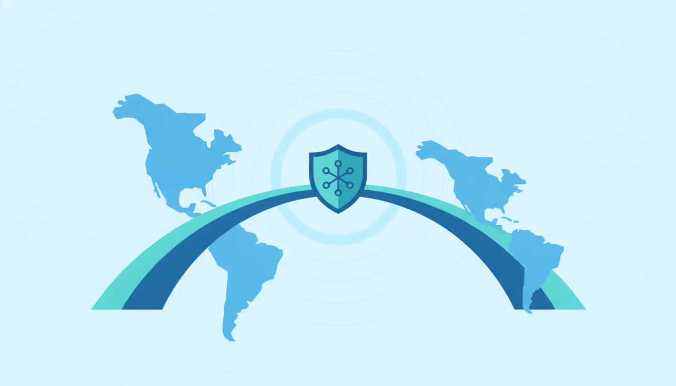 Abstract illustration of a secure bridge connecting North America and Latin America with a shield icon, representing nearshore security collaboration in flat blue-teal style
