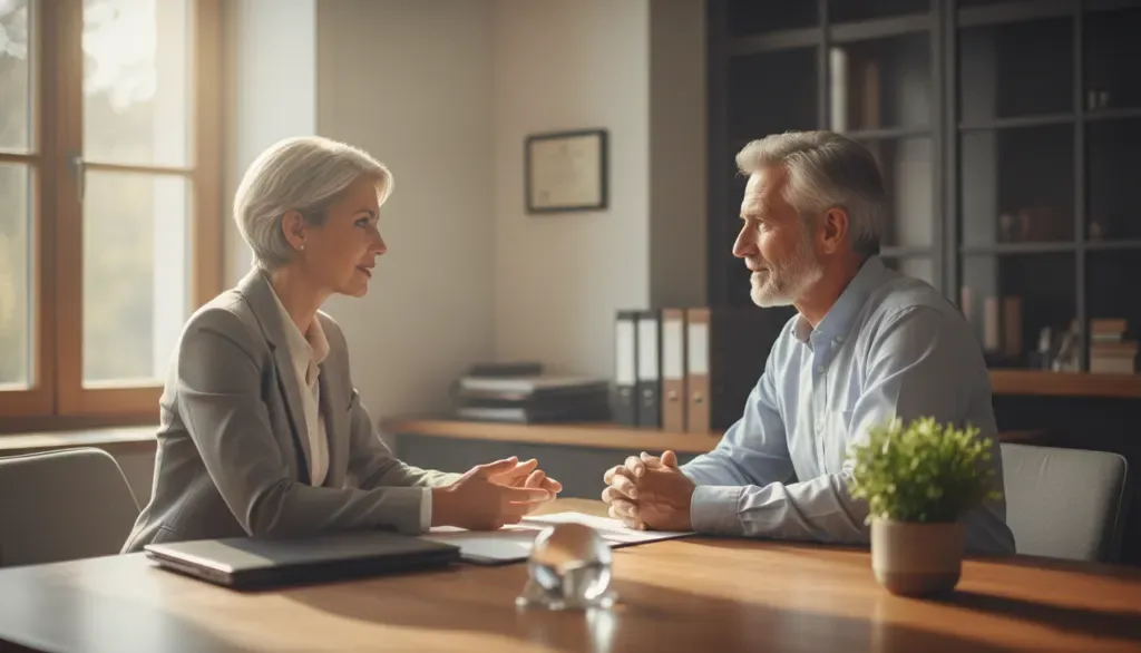 A client discussing a financial planner's credentials in an office