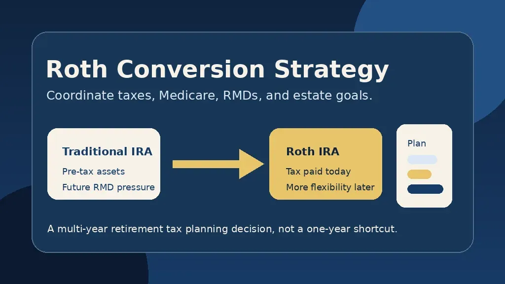 Roth conversion strategy illustration comparing traditional IRA tax planning with Roth IRA flexibility
