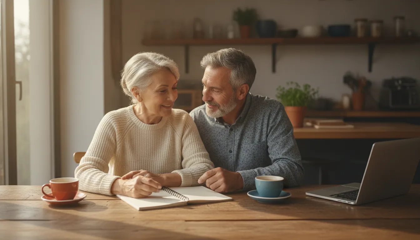 Senior couple reviewing their retirement budget together at a kitchen table