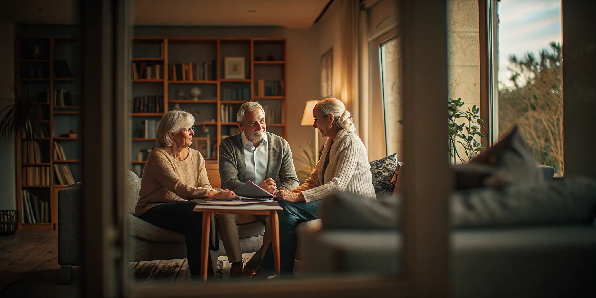 Financial advisor meeting with retired couple reviewing retirement plan documents