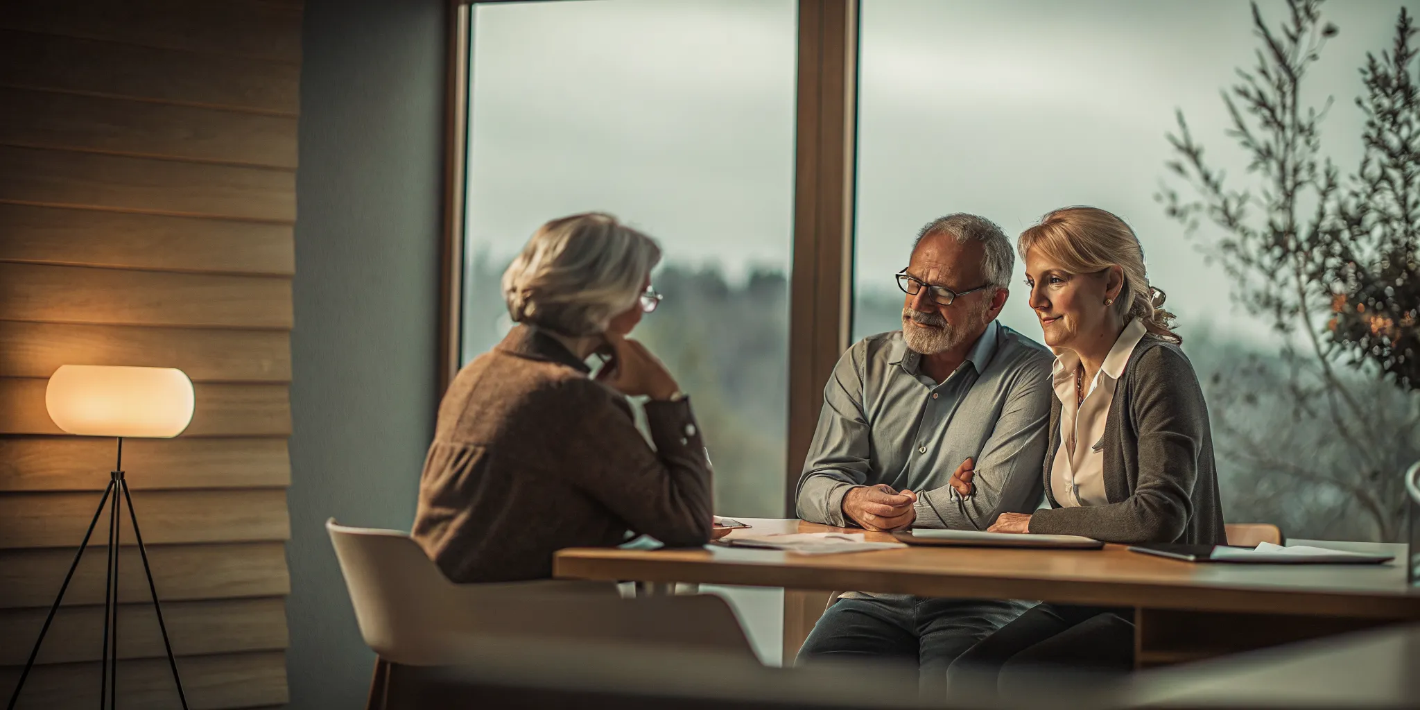 Retired couple reviewing a charitable giving plan with an adviser