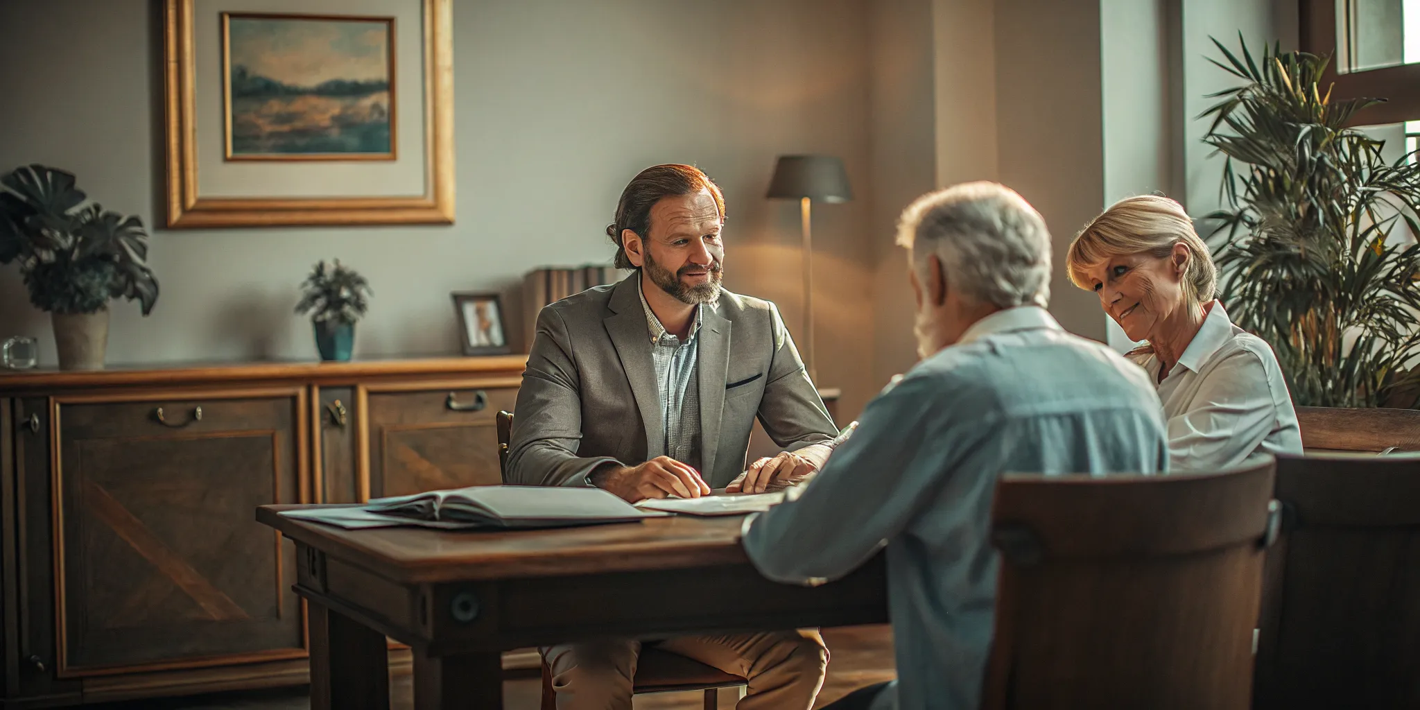 Financial advisor discussing charitable giving strategies with clients at a desk