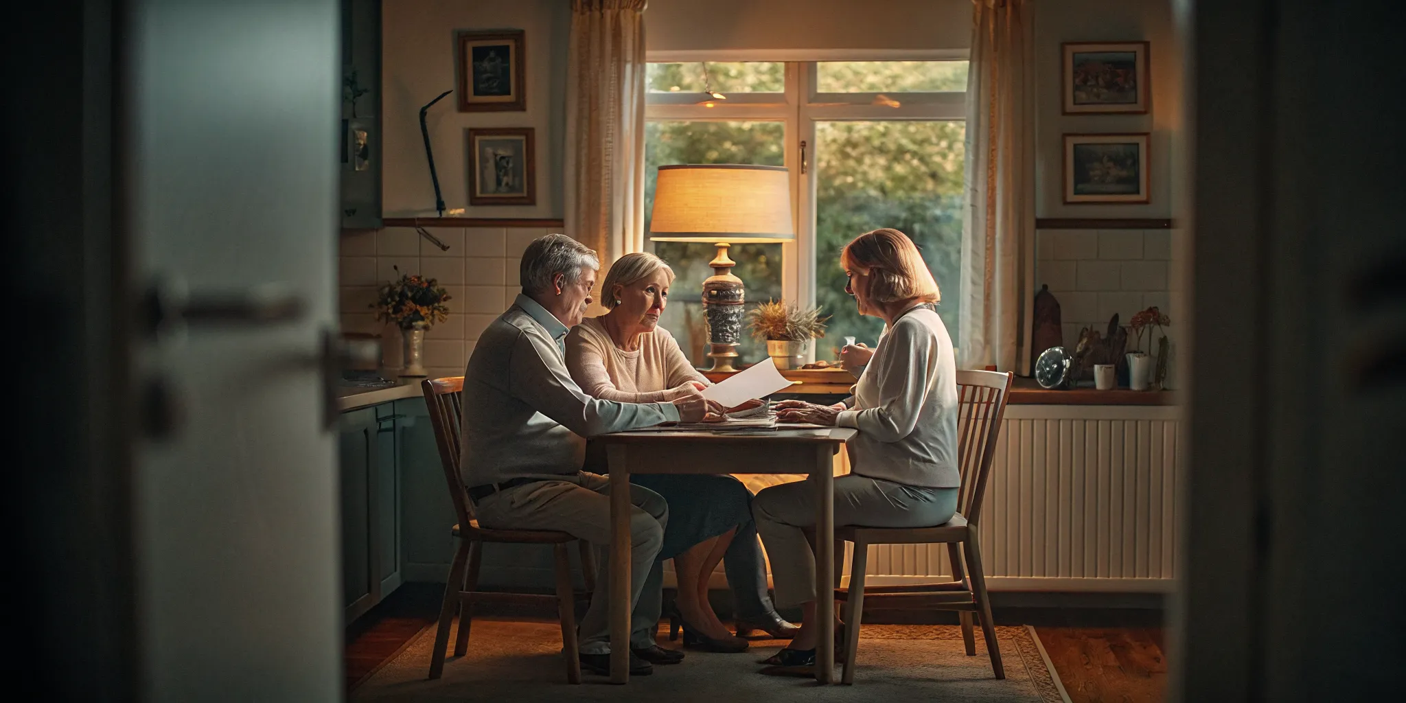 Retired couple reviewing health insurance documents with a financial advisor at their kitchen table