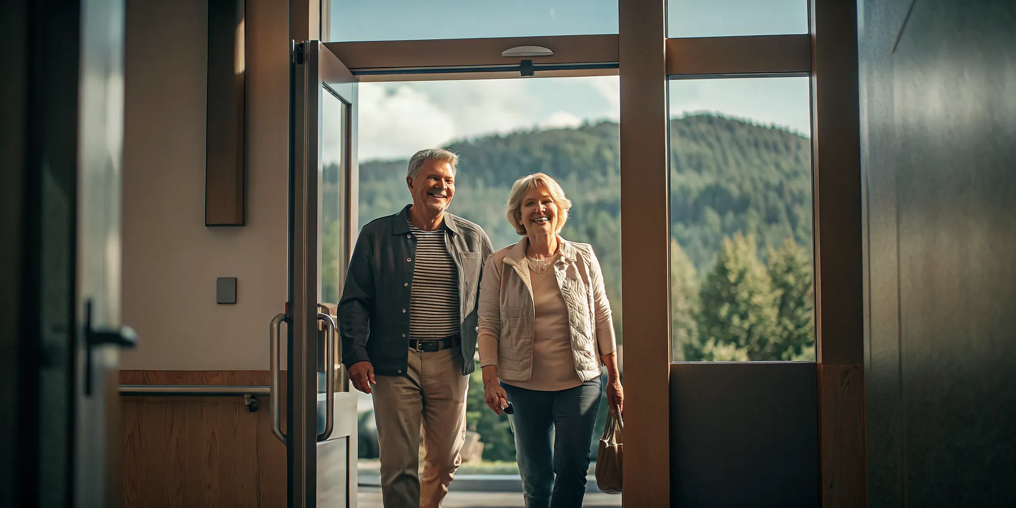 Retired couple walking through a continuing care retirement community with mountains in the background