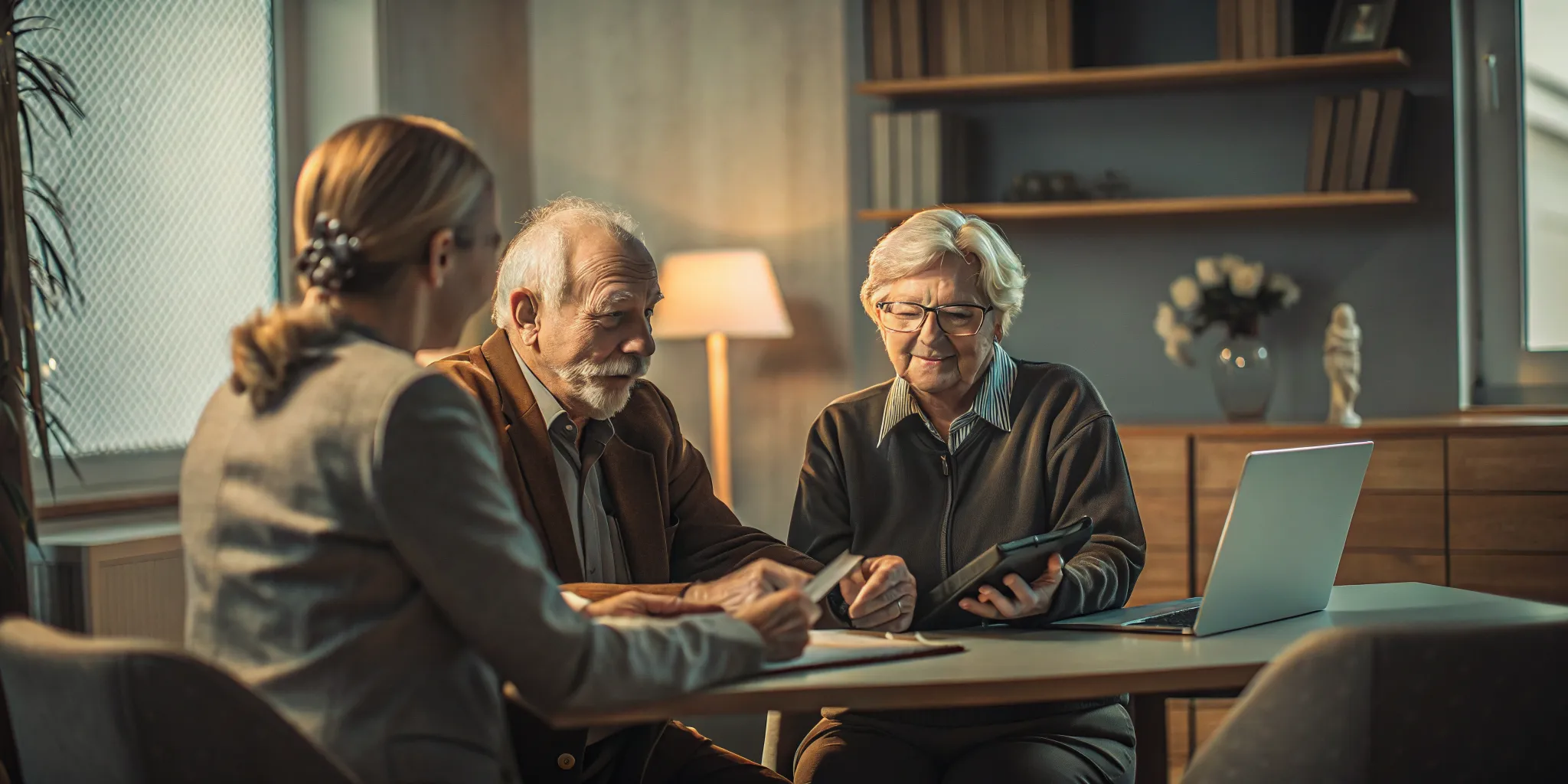 A financial advisor reviewing retirement planning documents with a couple at a desk
