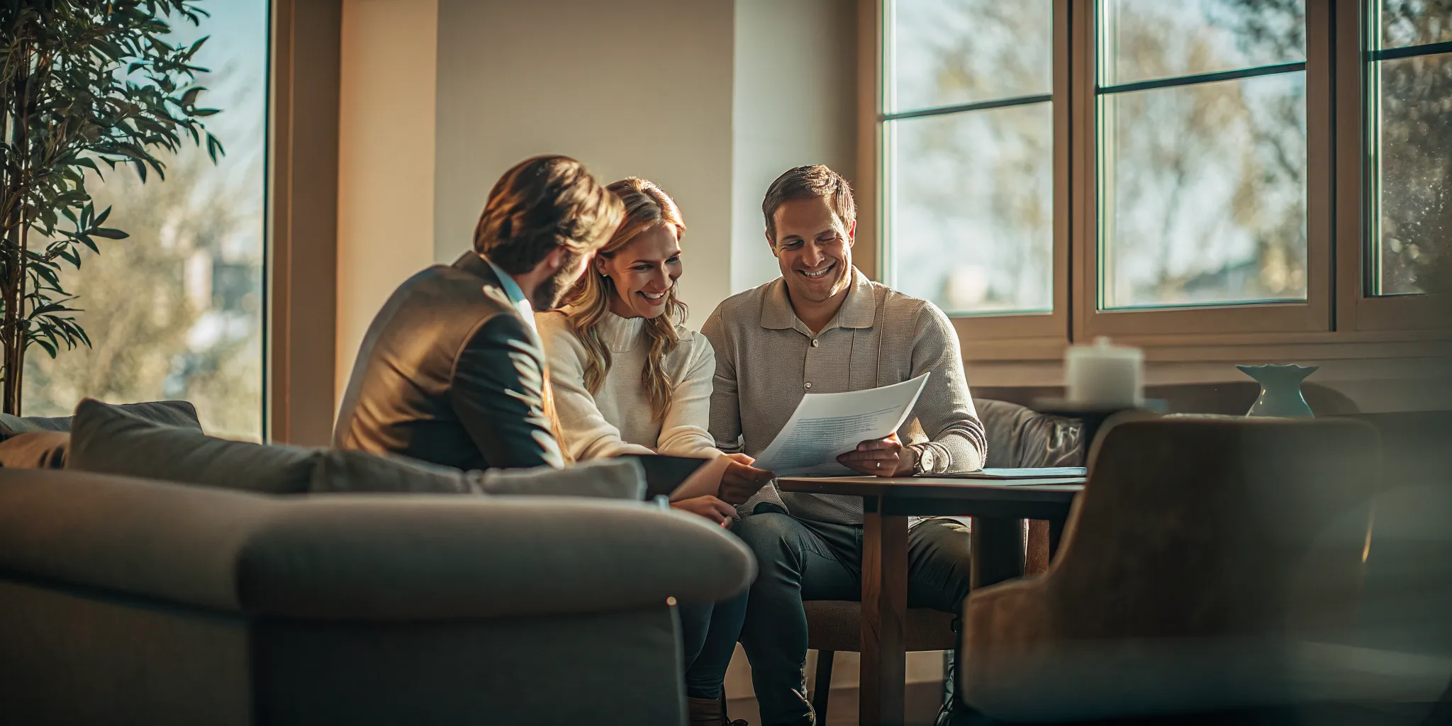 Financial advisor meeting with young parents at a desk in a modern office