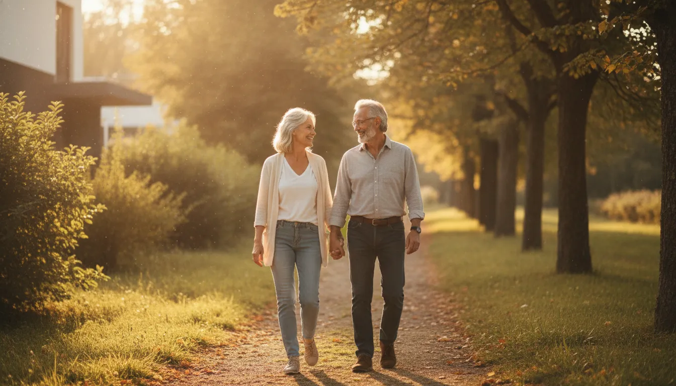 Older couple walking on a peaceful tree-lined path, representing a positive retirement transition lifestyle
