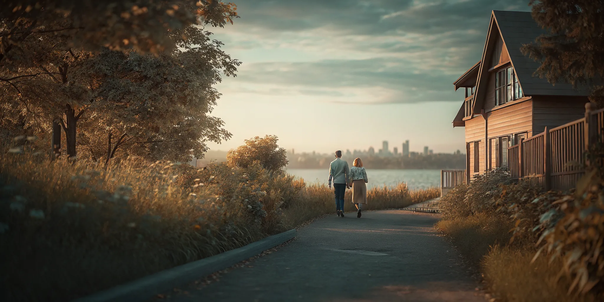 Illustration of a winding path with steps leading from a busy city skyline to a peaceful lakeside home, symbolizing a gradual transition to retirement