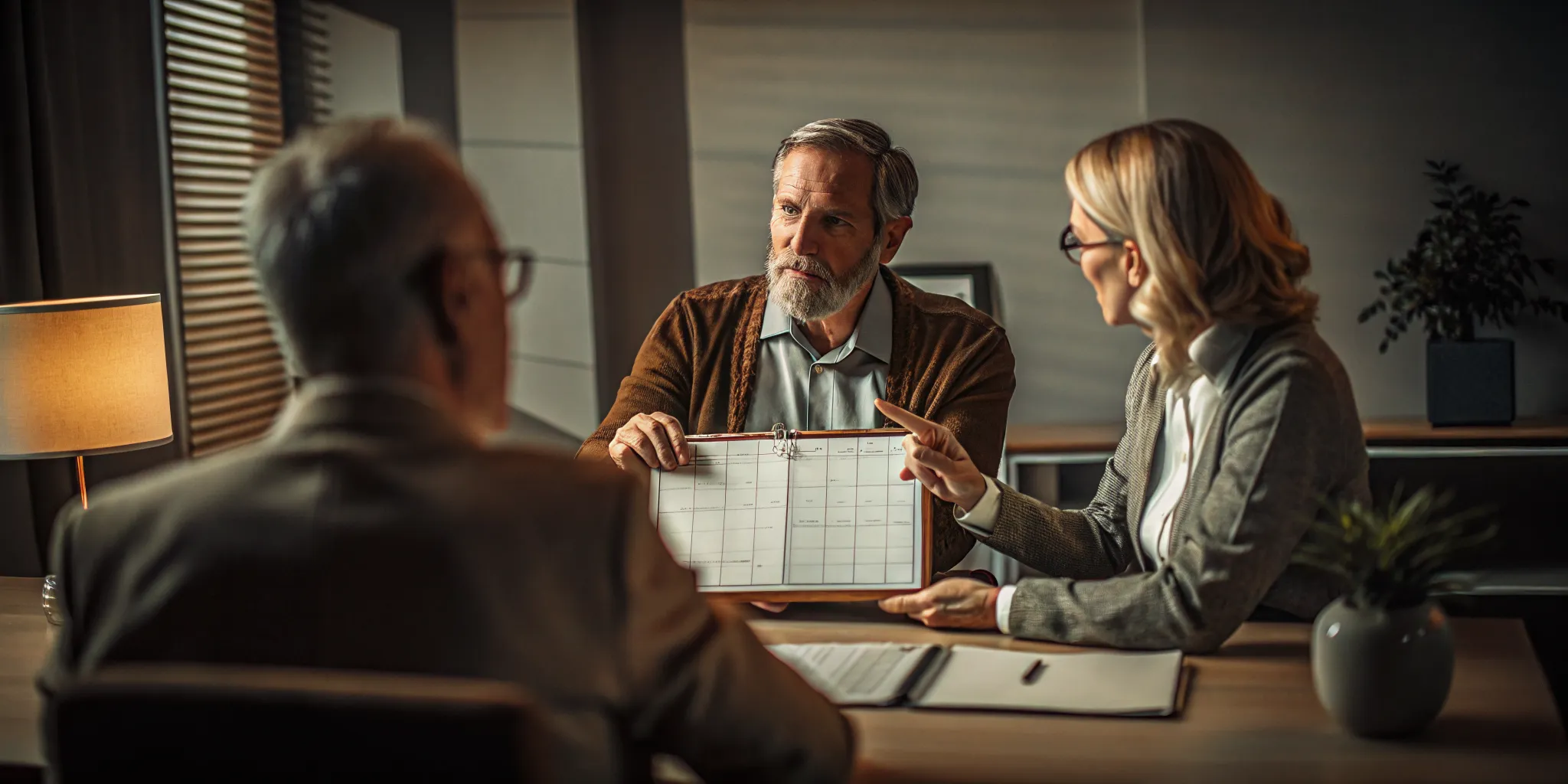 Mature couple and financial planner reviewing a Medicare enrollment timeline