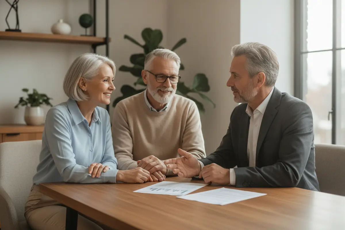 Retired couple reviewing a household income worksheet with a financial planner