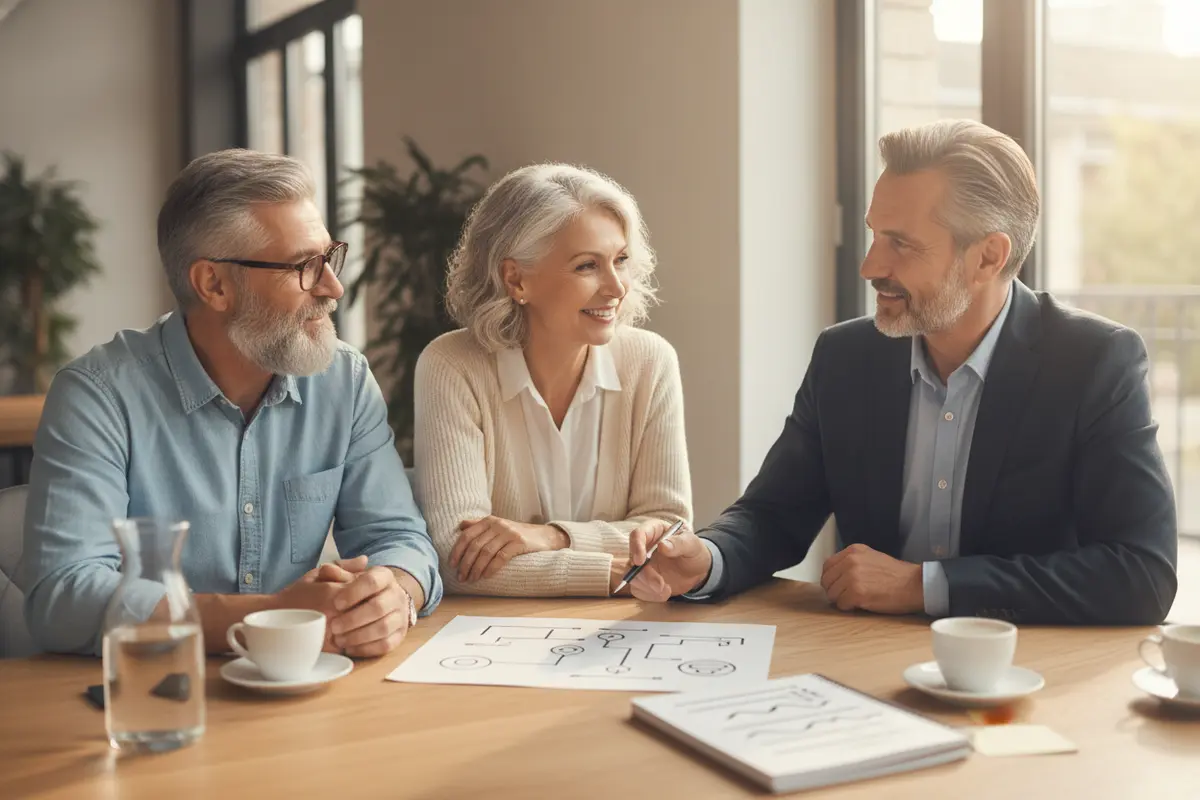 Retired couple reviewing a retirement cash-flow worksheet and portfolio notes with an advisor