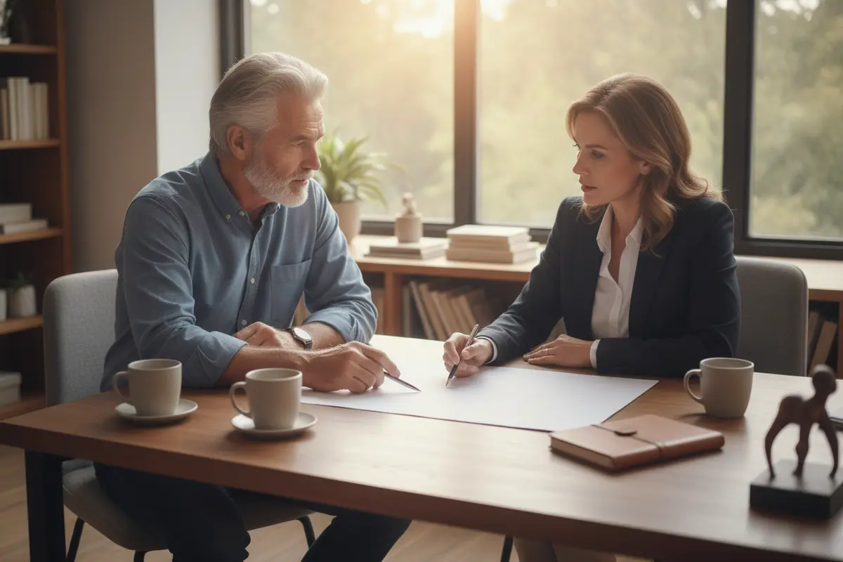 Retiree and advisor mapping income needs, investment risk, and time horizons on paper