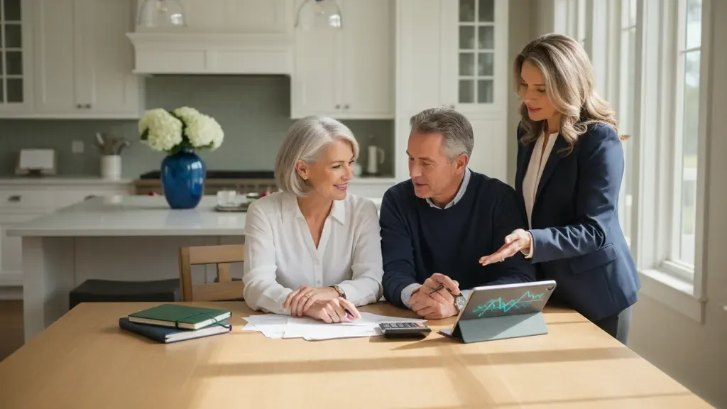 Couple reviewing a retirement cash flow planning worksheet with an adviser