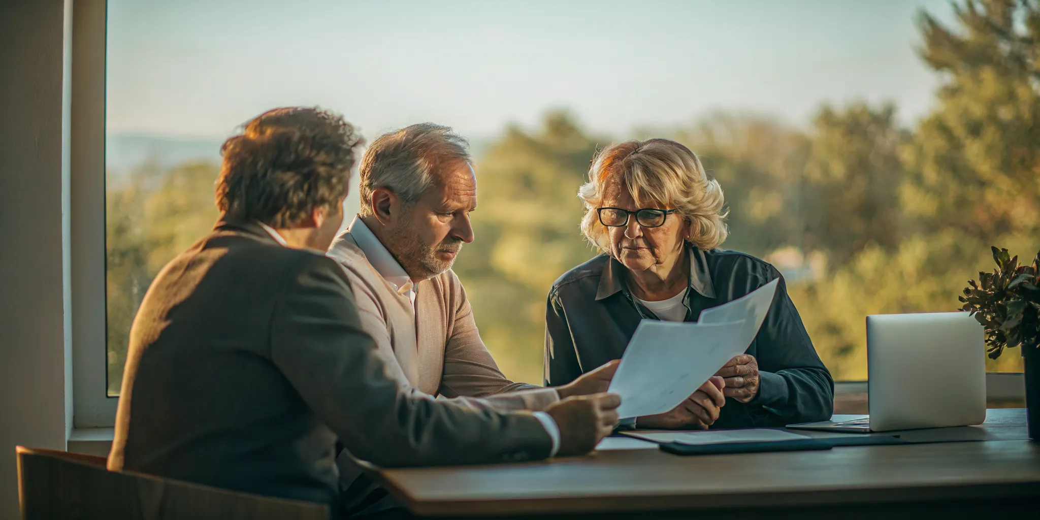 Retired couple and adviser reviewing a retirement cash-flow plan