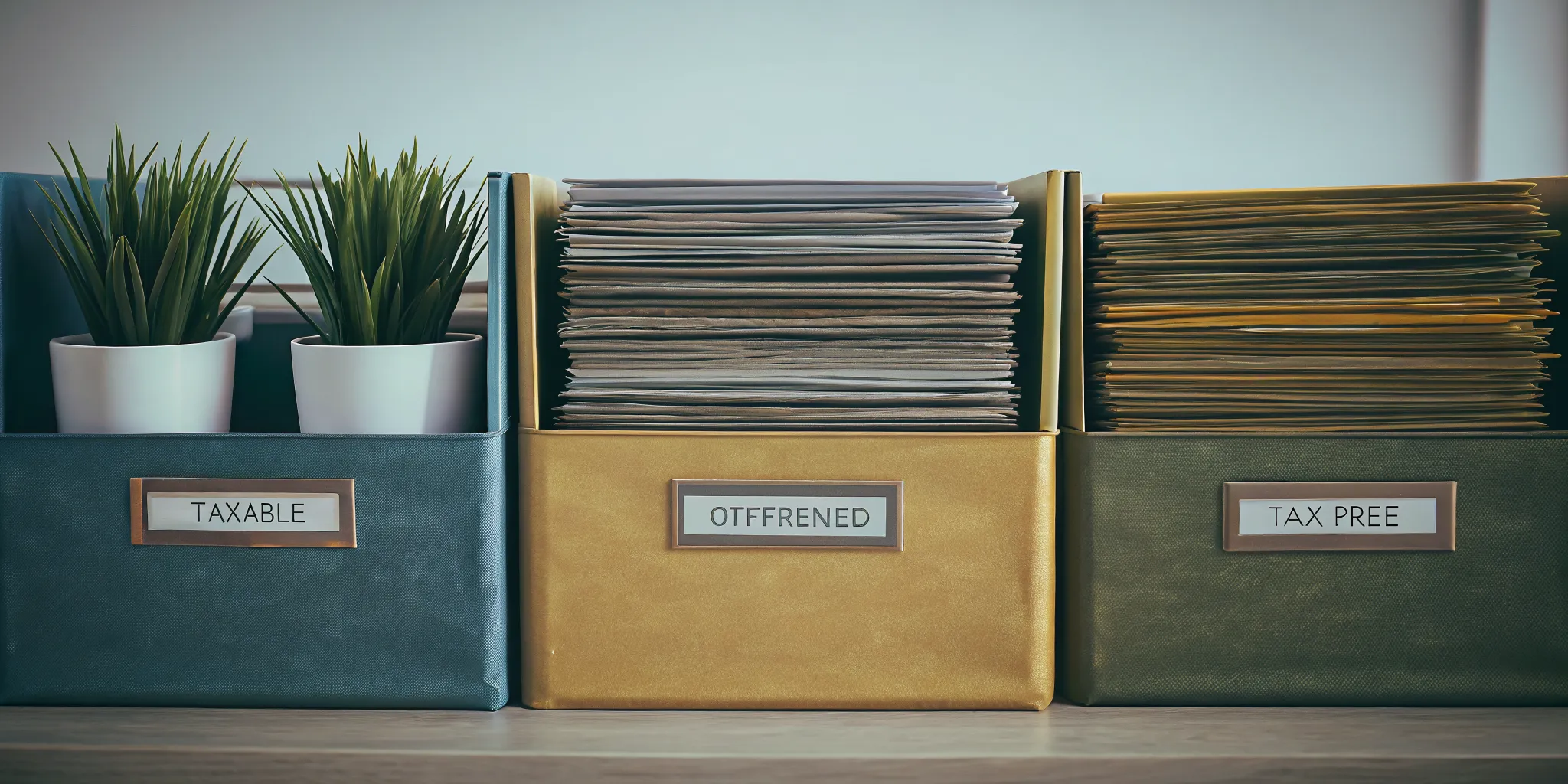 Three folders representing taxable, tax-deferred, and tax-free retirement tax buckets